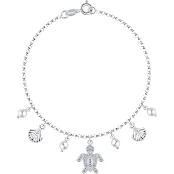 Náramek Stříbrný náramek 925 - želva, mušle, bílé syntetické perly, čiré zirkony