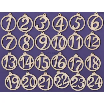 Překližka Výřez z překližky, D35, ozdoba, ADVENTNÍ ČÍSLICE 1-24, 5x4,3cm, 24ks