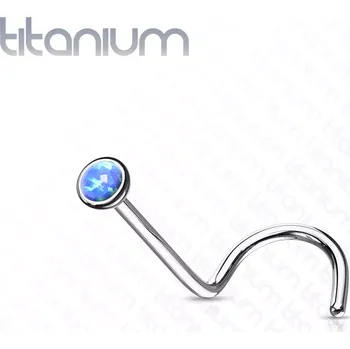 Piercing Zahnutý piercing do nosu z titanu - syntetický modrý a duhový opál v kulaté objímce, 1 mm - Barva piercing: Strieborná - modrá