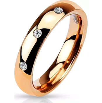 Prsten Ocelový prsten růžovozlaté barvy - tři kulaté čiré zirkony, 4 mm - Velikost: 54