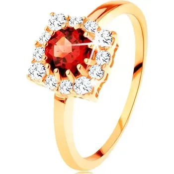 Prsten Zlatý prsten 585 - čtvercový zirkonový obrys, kulatý červený granát - Velikost: 57