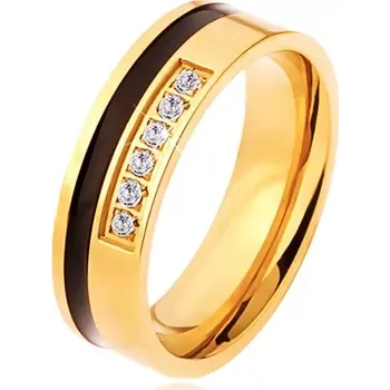 Prsten Ocelový prsten zlaté a černé barvy, ozdobná linie čirých zirkonů - Velikost: 67