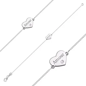 Náramek Náramek ze stříbra 925 - pravidelné srdíčko s nápisem "Amour" a zirkonkem růžové barvy