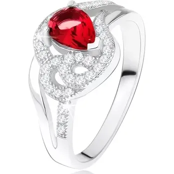 Prsten Prsten ze stříbra 925, rubínový slzičkovitý kámen, zvlněné zirkonové linie - Velikost: 50