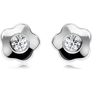 Náušnice Diamantové náušnice z bílého 14K zlata - drobný kvítek s kulatým briliantem, puzetky