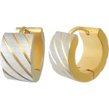 Náušnice Ocelové náušnice zlaté barvy, šikmé pásky ve stříbrném odstínu, zářezy
