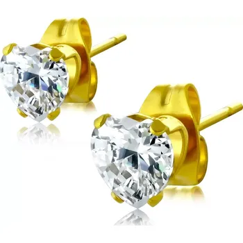 Náušnice Ocelové náušnice zlaté barvy - čiré vybroušené zirkonové srdce