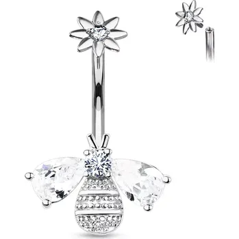 Piercing Ocelový 316L piercing do bříška, rhodiovaný - motiv včely, hlava a křídla ozdobené zirkony - Barva piercing: Zlatá