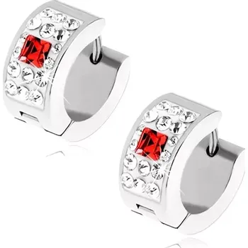 Náušnice Náušnice z oceli stříbrné barvy, čiré kamínky, červený zirkonový čtverec