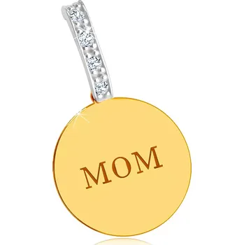 Přívěsek Přívěsek ze 14K kombinovaného zlata - lesklý plochý kruh, nápis MOM, zirkonová linie