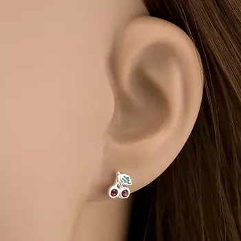 Náušnice Stříbrné náušnice 925 - fialové třešničky se zeleným lístkem