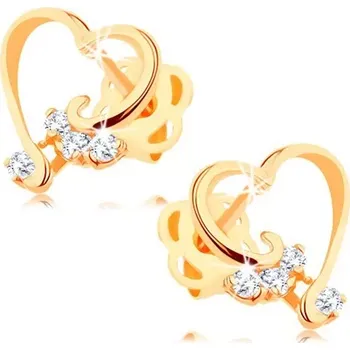 Náušnice Briliantové náušnice ze 14K zlata - lesklá kontura srdce, čiré diamanty