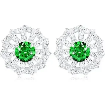 Náušnice Rhodiované náušnice, stříbro 925, květ - čiré zirkonové lupínky a zelený střed