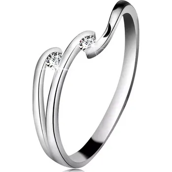 Prsten Diamantový prsten z bílého 14K zlata - dva blýskavé čiré brilianty, lesklé linie ramen - Velikost: 59