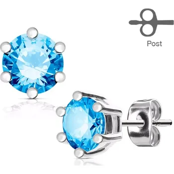 Náušnice Náušnice z oceli 316L stříbrné barvy, kulatý modrý zirkon v kotlíku - Průměr: 4 mm