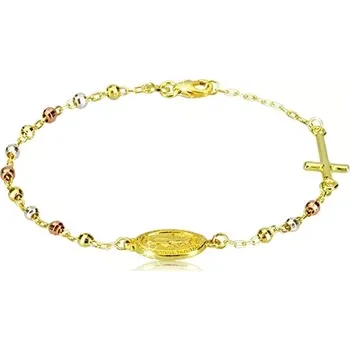 Náramek Náramek zlaté barvy ze stříbra 925 - trojbarevné kuličky, medailon a kříž