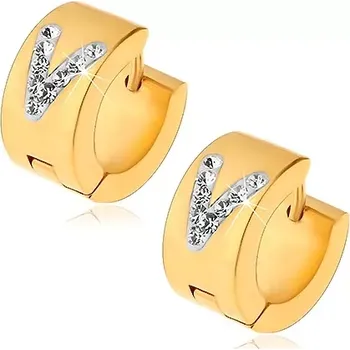 Náušnice Kloubové ocelové náušnice, zlatý odstín, čiré zirkonové písmeno V