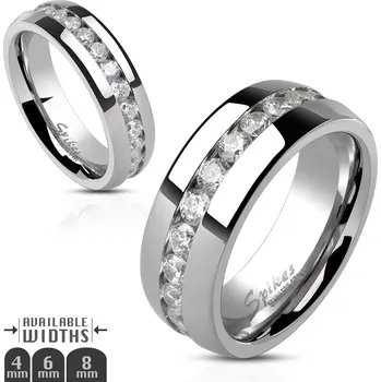 Prsten Prsten z oceli, stříbrná barva, souvislá linie čirých zirkonů po obvodu, 6 mm - Velikost: 59