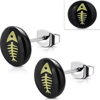 Náušnice Ocelové náušnice, černý kruh s kostrou ryby žluté barvy, puzetky