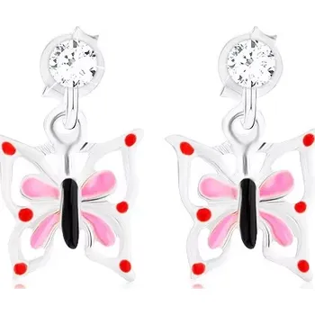 Náušnice Stříbrné 925 náušnice, glazovaný motýl s bílo-růžovými křídly, krystal