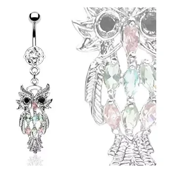 Piercing Piercing do břicha - ocelová sova, barevné zirkony