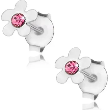 Náušnice Stříbrné 925 náušnice, lesklý kvítek s růžovým krystalkem Swarovski