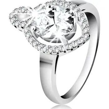 Prsten Prsten ze stříbra 925, oválný čirý zirkon s blýskavým lemem, malý obrys zrnka - Velikost: 56