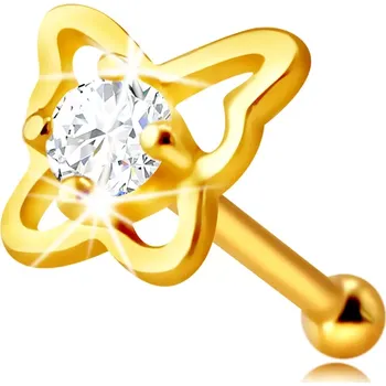 Piercing Zlatý piercing do nosu ze 14K zlata - kontura motýla s kulatým zirkonem čiré barvy, 2 mm