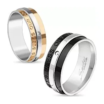 Prsten Prsten z chirurgické oceli měděné a stříbrné barvy, zirkon, nápis, 6 mm - Velikost: 54