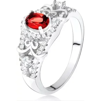 Prsten Stříbrný 925 prsten, oválný červený zirkon s čirým lemem, ozdobné linie - Velikost: 50
