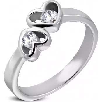 Prsten Ocelový prsten stříbrné barvy, dvě srdce s čirými zirkony - Velikost: 52