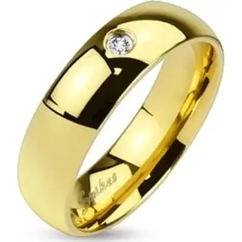 Prsten Ocelový prsten ve zlatém odstínu, lesklý hladký povrch, čirý zirkonek, 6 mm - Velikost: 49