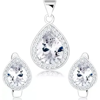 Náušnice Set přívěsku a náušnic, stříbro 925, čirá zirkonová kapka, blyštivý lem