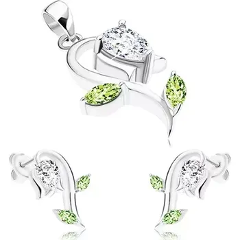 Náušnice Šperky Eshop Stříbrný set 925, přívěsek a náušnice, sněženka, čiré a zelené zirkony