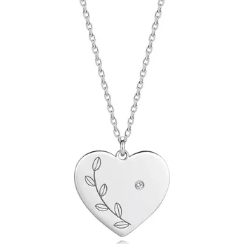Náhrdelník Stříbrný náhrdelník 925 - briliant, ploché srdce, gravírované listy
