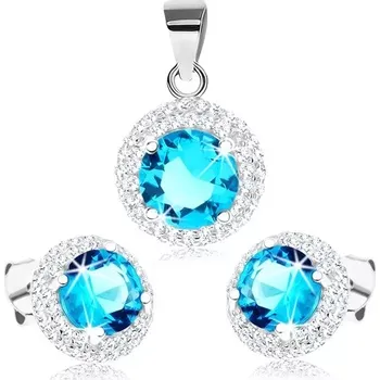 Souprava šperků Stříbrná 925 sada - náušnice a přívěsek, zirkon akvamarínové barvy, čirý lem