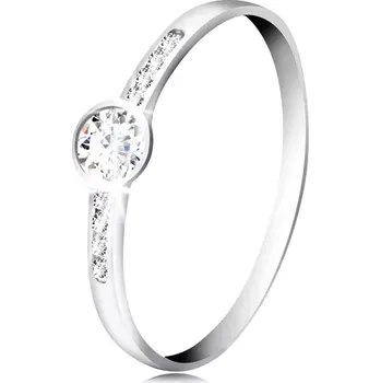 Prsten Prsten z bílého 14K zlata - kulatý čirý zirkon, tenké pásy zirkonů po stranách - Velikost: 60