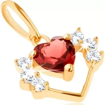 Přívěsek Přívěsek ze žlutého 14K zlata - tenký obrys srdce se zirkony, červený granát