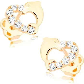 Náušnice Briliantové zlaté náušnice 585 - obrys srdíčka s linií diamantů a s delfínem