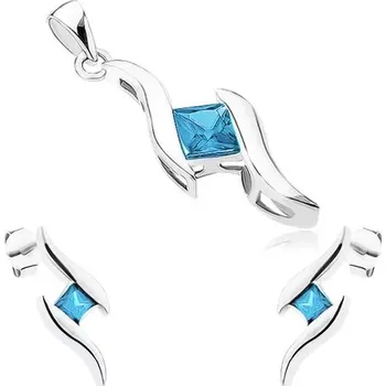 Souprava šperků Stříbrný set 925 - přívěsek a náušnice, dvě lesklé vlnky, modrý zirkonový čtvereček