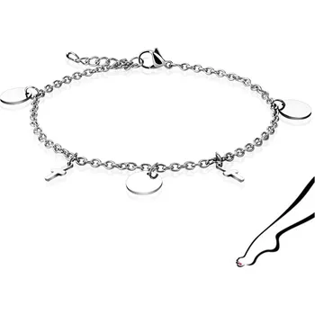 Náramek Náramek na kotník z oceli 316L - kříž, plochý kroužek, stříbrná barva