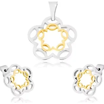 Souprava šperků Ocelový set - přívěsek a náušnice stříbrno-zlaté barvy, obrysy květů