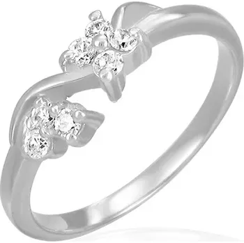 Prsten Zásnubní ocelový prsten - čiré zirkonové kvítky na vlnce - Velikost: 49