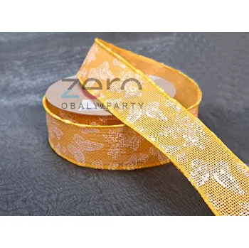 Stuha Stuha jutová 3,8 cm x 7 y - žlutá s tiskem motýlků II