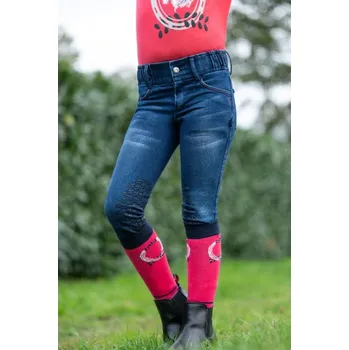 Jezdecké kalhoty Dětské džínsové rajtky Aymee se silikonovými koleny - tmavě modré - 122/128