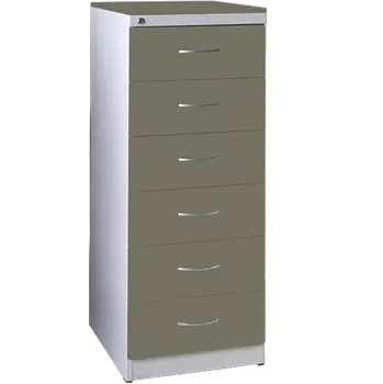 Kartotéka KRD - A5 NEW kovová kartotéka s dřevěnými čely A5, 6-zásuvková, centrální zámek, korpus šedý/deska, čílka tmavá oliva