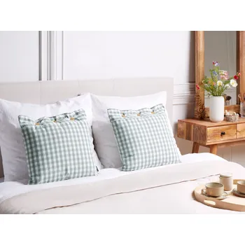 Dekorativní polštářek Sada 2 polštářů zeleno/bílé 45 x 45 cm s kostkovaným vzorem knoflíky dekorativní do ložnice obývacího pokoje Beliani