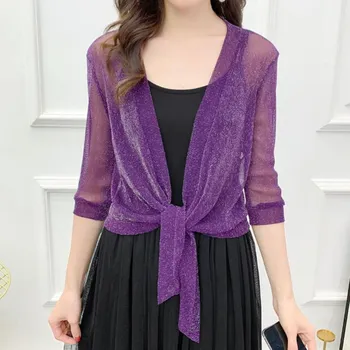 Dámský svetr Dámské elegantní bolerko/kardigan na zavazování s polovičním rukávem Barva: nachová, Velikost: XL (60–70 kg)