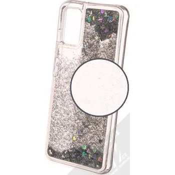Pouzdro na mobilní telefon 1Mcz Liquid Heart Sparkle ochranný kryt s přesýpacím efektem třpytek pro Samsung Galaxy A03s stříbrná (silver)