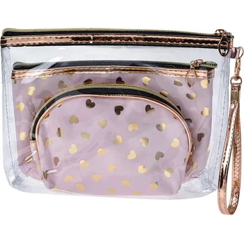 Kosmetická taška 3ks dámská toaletní taška průhledná a růžová se zlatými srdíčky - 23*17 / 20*13 / 18*12 cm